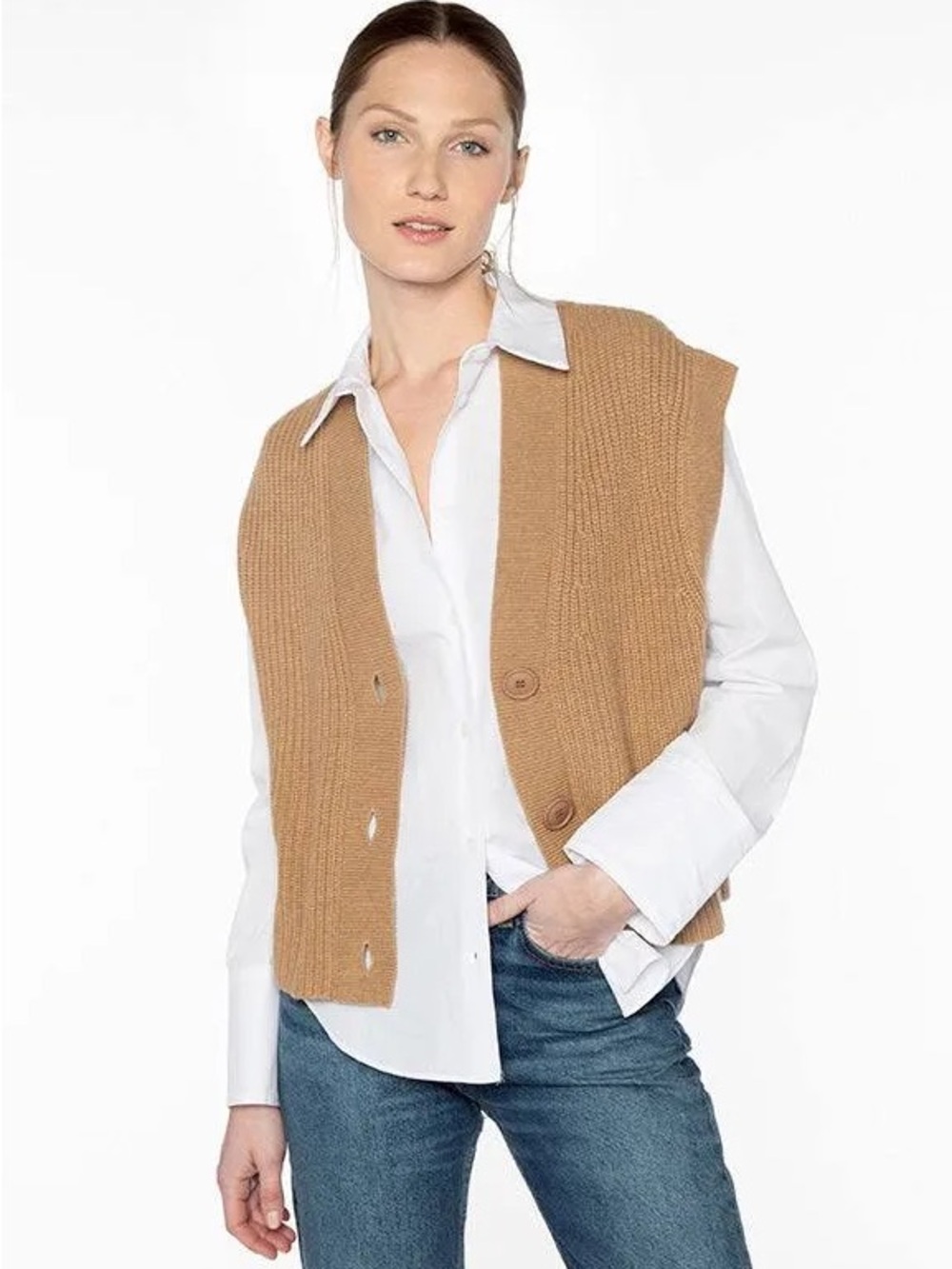 Kinross Camel Wool/Cashmere Button-Front Sweater Vest, Small